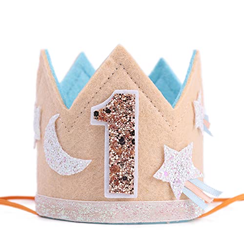 Baby Girl 1st Birthday Crown - Glitter First Birthday Hat , Moon and Stars Crown , Party Photo Prop , 1st Birthday Girl Gifts , Backdrop Cake Smash